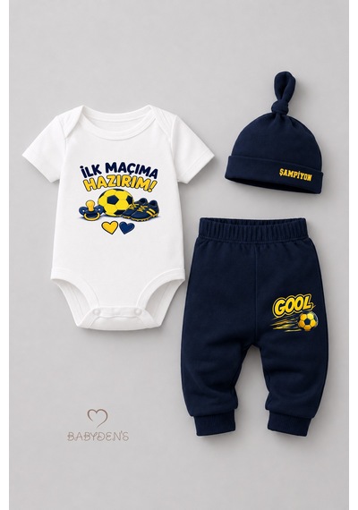 Babyden's Bebek 3'lü Takım Sarı Lacivert Taraftar Temalı Kısa Kol %100 Pamuk Yenidoğan Seti İlk Maçıma Hazırım