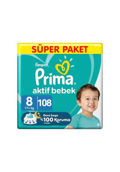 Prima 8 Beden Aktif Bebek Bezi Süper Paket 27x4 108 Adet 8 Numara