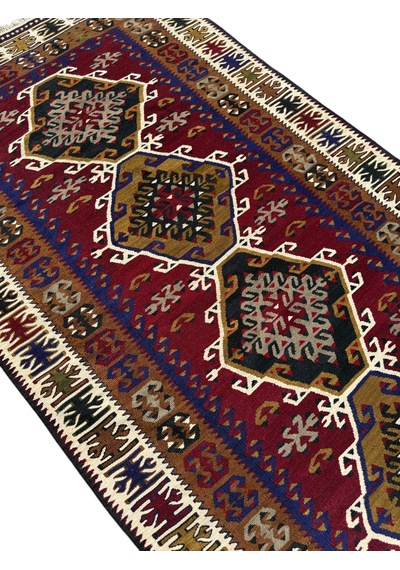 El Dokuması Uşak Eşme Kilimi 120x230 Kök Boyası %100 Doğal Yün Kilim Renkli