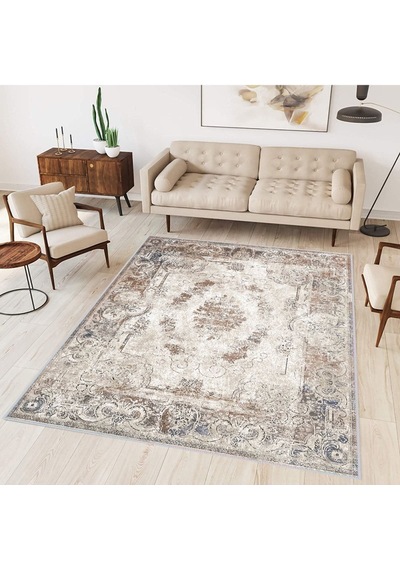 Eliana Home Baskılı, Yıkanabilir Kaymaz Taban Salon Halısı Eli0345 Bej