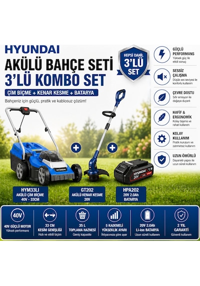 Hyundai Akülü Bahçe Seti 40v Çim Biçme + 20v Kenar Kesme + 2.0ah Batarya Profesyonel Set