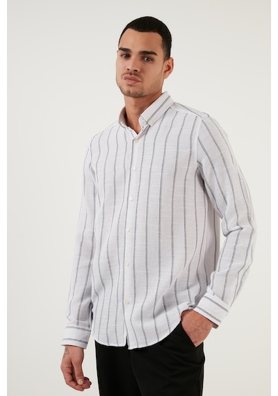 Buratti Pamuklu Çizgili Regular Fit Düğmeli Yaka Erkek Gömlek Cf21S112480 Beyaz-Lacivert