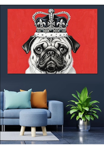 Siyah Beyaz Kraliyet Taçlı Pug Köpek Kırmızı Fon Dekoratif Kanvas - Mdf Ahşap Tablo