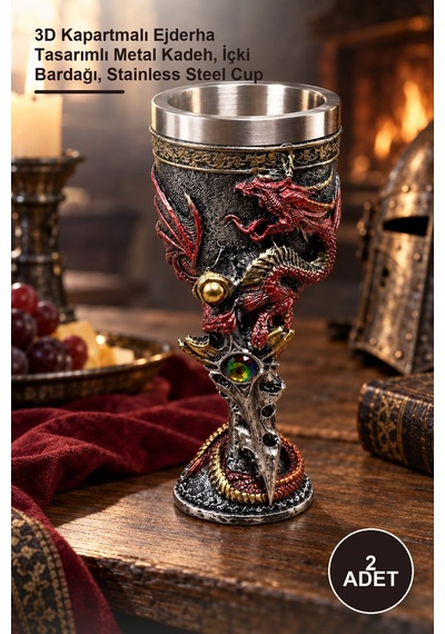 2 Adet Paslanmaz Çelik Kadeh Kupa 3d Kapartmalı Ejderha Tasarımlı Metal Kadeh, İçki Bardağı, Stainless Steel Cup