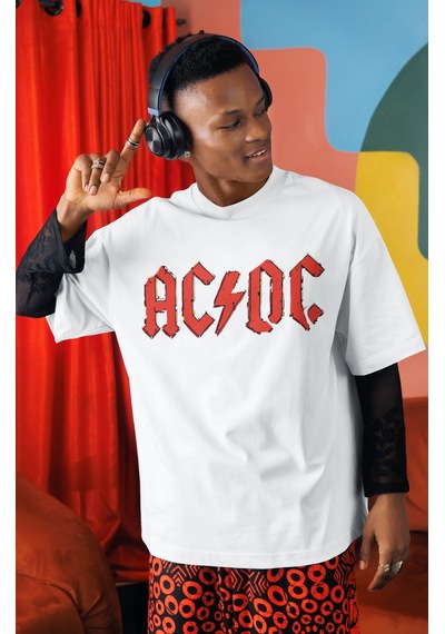 Ac Dc Rock Metal Müzik Grubu Sırt Baskılı Unisex Oversize Tişört Beyaz