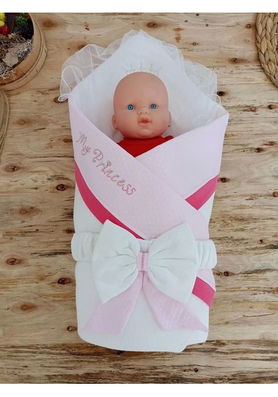 Yenidoğan Bal Peteği My Prince Taç Nakışlı Delüks Kundak Bebek Battaniyesi Pembe Pembe