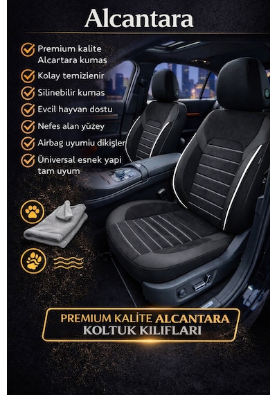 Alcantara Serisi Lüks Üniversal Oto Koltuk Kılıfı - 5 Kotuk Tam Set Beyaz