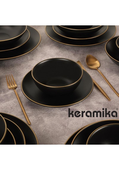 Keramika Mat Siyah El Dekor Altın 24 Parça 6 Kişilik Yemek Takımı
