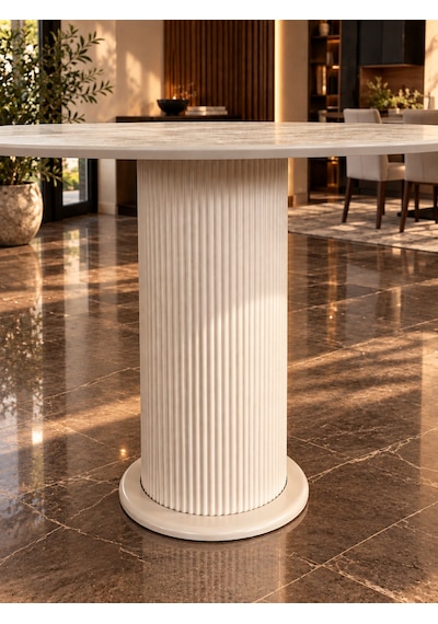 Traverten Desenli Yuvarlak Masa 90 Cm Mdf Vizon Bej