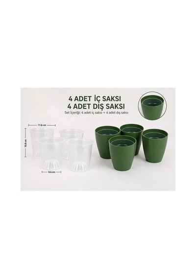 Hüskon Ticaret 4 Lü Yeşil Dekoratif Saksı Seti 4 Adet Iç Saksı + 4 Adet Dış Saksı