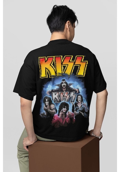 Kiss Rock Metal Müzik Grubu Baskılı Unisex Oversize Tasarım Tişör Siyah