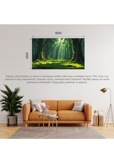 Doğa Ve Manzara Yatay Ağaçlar Güneş Işıkları Derin Orman Yemyeşil Yosun Kaplı Zemin Uçan Kuşlar 03 Çerçevesiz 90x60cm Pvc Tablo