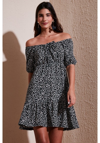 Lela Desenli Slim Fit Carmen Yaka Mini Bayan Elbise 5865620 Siyah
