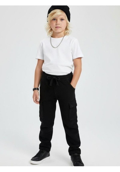 Zekids Erkek Çocuk Bürümcük Beli Lastikli Kargo Pantolon-16690 Siyah