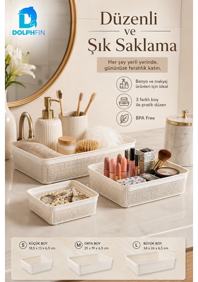 Jute Çok Amaçlı Sepet 3 Lü Set 1,5 L 2,5 L 5 L Mutfak Banyo Dolap İçi Saklama Organizeri beyaz