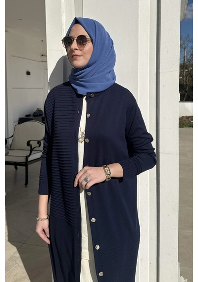 Rabia Şamlı Manolya Lacivert Triko Hırka Normal