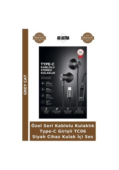 Özel Seri Kablolu Kulaklık Type-c Girişli Tc06 Siyah Cihaz Kulak İçi Ses