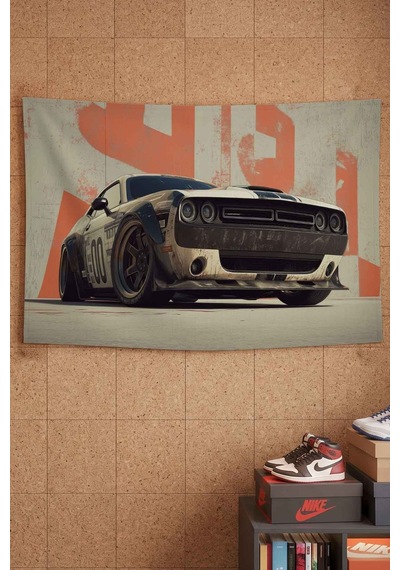 Dodge Challenger Vintage Yarış Aracı Dekoratif Duvar Örtüsü Duvar Halısı Beyaz