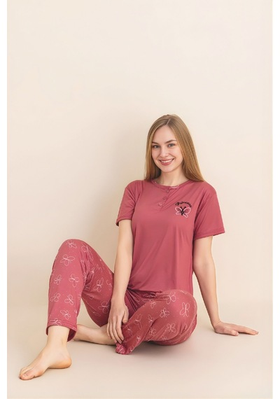 Enisena Kadın Pijama Takımı-menekşe Kumaş-3 Düğmeli-yaka Baskılı-12606sf Mercan