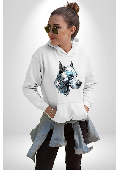 Robot Cyborg Köpek Doberman Kadın Erkek Beyaz Kapüşonlu Sweatshirt Hoodie Beyaz