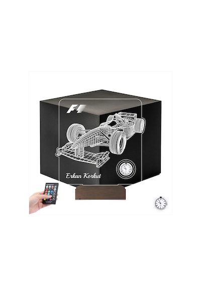 Luvivia Formula 1 F1 Yarış Arabası Tasarım Kişiye Özel Metal Saatli 3d Lamba - Masa Gece Lambası Şeffaf
