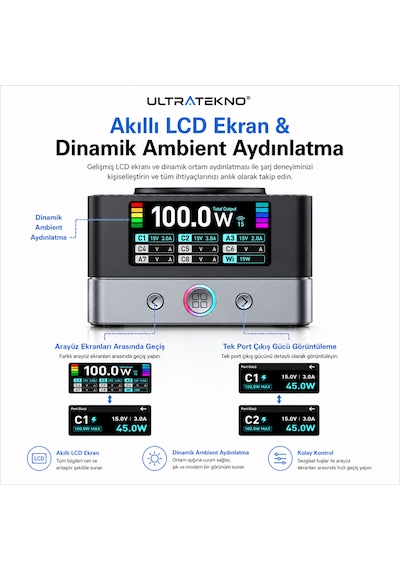 Ultratekno Wlx-r8a 680w Gan 8 Port Pd 3.1 Hızlı Şarj İstasyonu Kablosuz Şarj Destekli Usb Type-c Laptop Telefon Tablet Şarj Cihazı Siyah-Gri