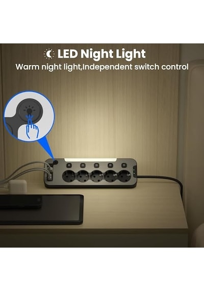 Bağımsız Anahtarlı 5'li Işıklı Akım Korumalı Çoklu Priz 4000w, 2x Usb - 2x Type-c Giriş, Metal Ön Panel Uzat 0