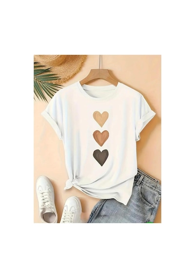Medinenur Dik Kalpler Baskılı Basic T-shirt Beyaz