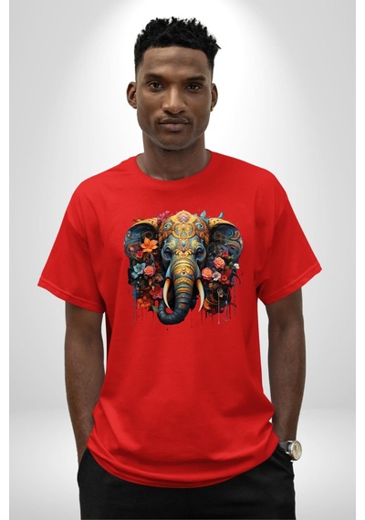 Bereket Fil Hintli Tasarım Pamuklu Bisiklet Yaka Unisex Oversize Boyfriend Dijital Baskılı Kırmızı T-shirt Kırmızı
