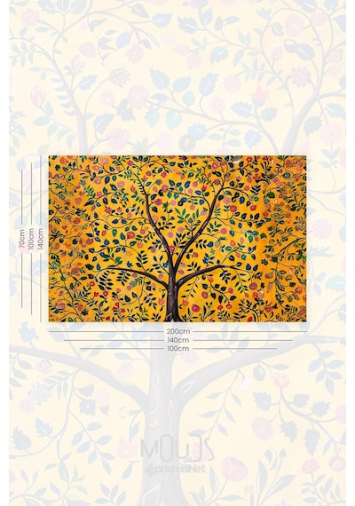 Sarı Çiçekli Ağaç Desenli Duvar Halısı Duvar Örtüsü Tapestry Süet Dokulu Kumaş