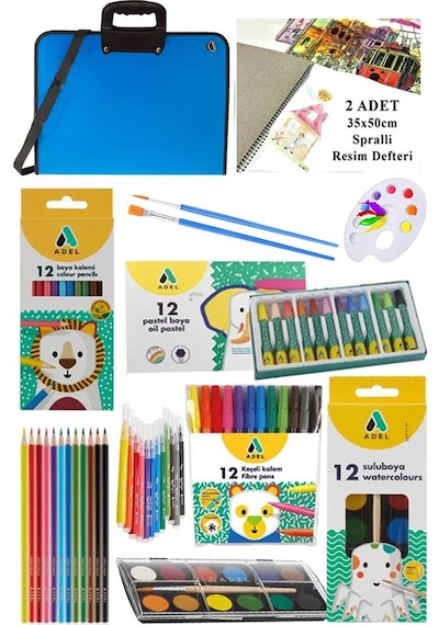 Öğrenci Boyama Seti 10 Parça 1 Paket 35x50 Resim Çantası Resim Defter Adel Sulu Boya Kuru Boya Pastel Boya Keçeli Kalem