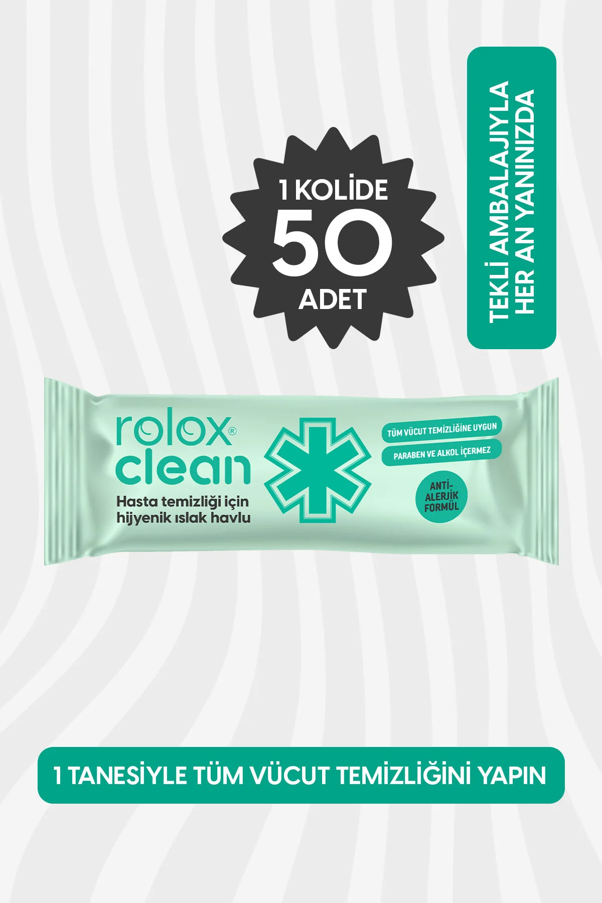 Rolox Clean - 50 Paket Hasta Temizliği Için Hijyenik Islak Havlu