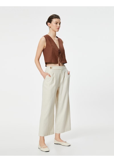 Koton Keten Pantolon Bol Paça Crop Bej 4sak40488pw Ekru