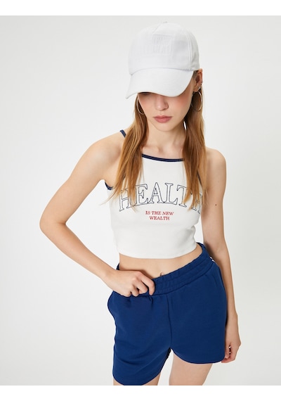 Koton Crop Spor Atlet Slogan Baskılı Halter Yaka Askılı Slim Fit Ekru 4sak30195nk Ekru