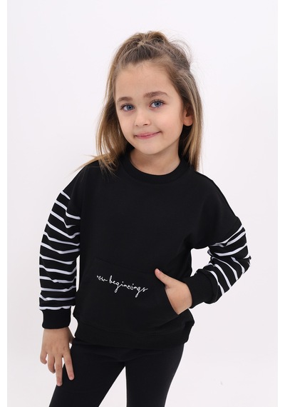 Kız Çocuk Relax Fit Bisiklet Yaka Cepli Baskılı Sweatshirt - Kolu Çizgili & 2 İplik Siyah
