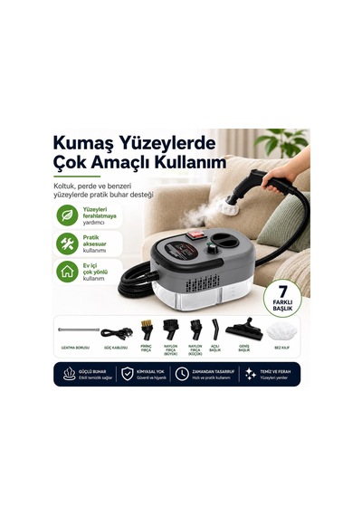 7 Başlıklı Çok Amaçlı Buharlı Temizleyici Şeffaf Su Hazneli Koltuk, Cam, Fayans Ve Zemin Temizleme Makinesi