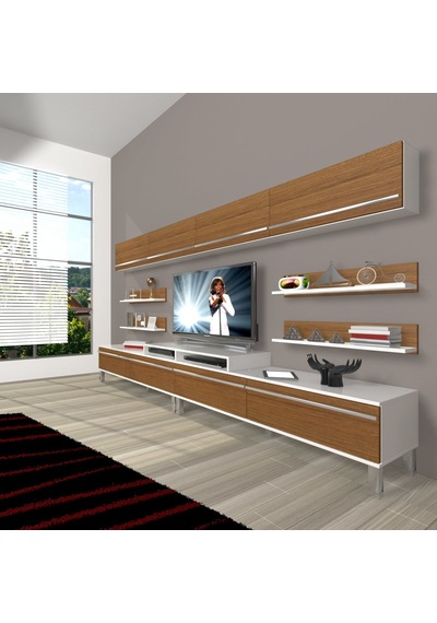 Decoraktiv Ekoflex 360y Mdf Krom Ayaklı Tv Ünitesi Tv Sehpası Beyaz - Ceviz