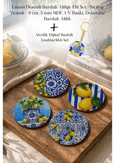 Limon Desenli Bardak Altlığı 4 Lü Set Sicilya 9 Cm Mdf Beyaz