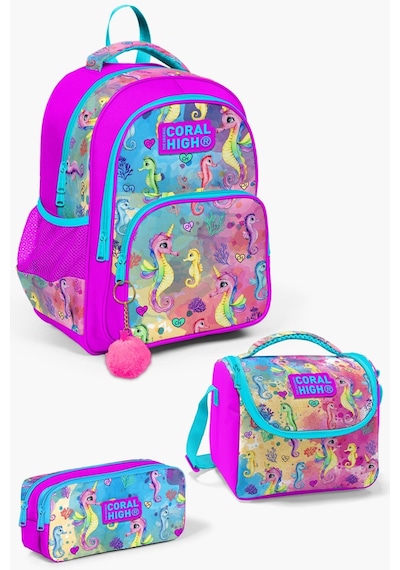 Coral High Kids Pembe Rengarenk Denizatı Desenli 3'lü Okul Çanta Seti Set0114412
