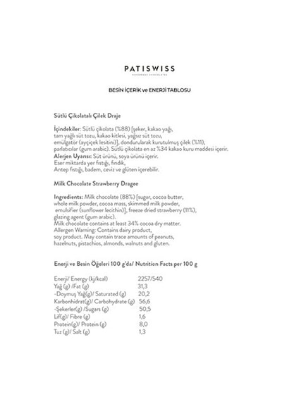 Patiswiss Sütlü Çikolatalı Çilek Draje