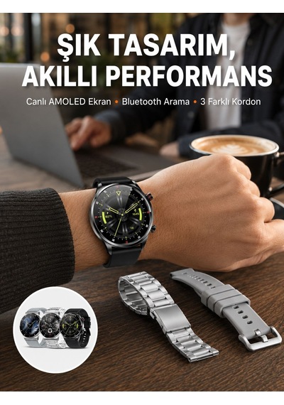 Akıllı Saat Çoklu Kordon Seçeneği Amoled Ekran Çok Fonksiyonlu Bluetooth Bağlantılı Yeni Nesil