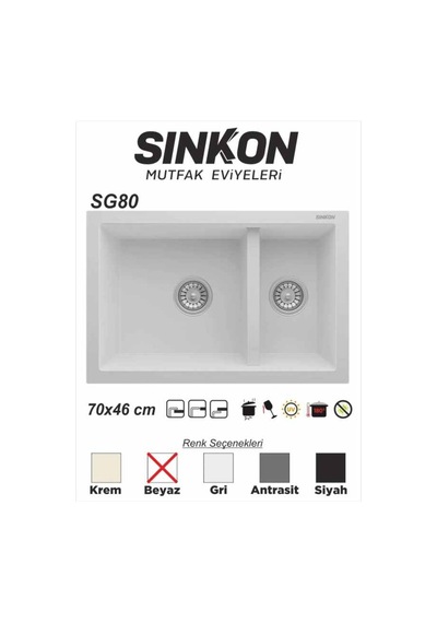 Sinkon Beyaz Granit Eviye 70 x 46 / 1.5 Göz - Sg80 - Sinkon