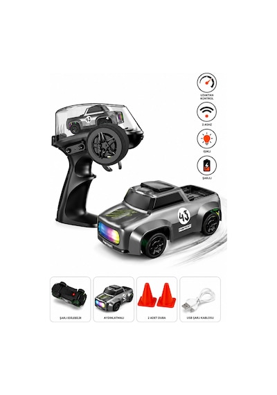 Uzaktan Kumandalı Şarjlı Mini Drift Arabası 1:64 Ölçek Işıklı Rc Model Araç Gri