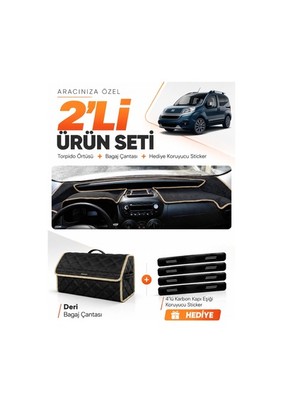 Fiat Fiorino 2007-2026 Uyumlu Torpido Örtüsü + Deri Bagaj Çantası + Sticker Seti - Siyah Bej
