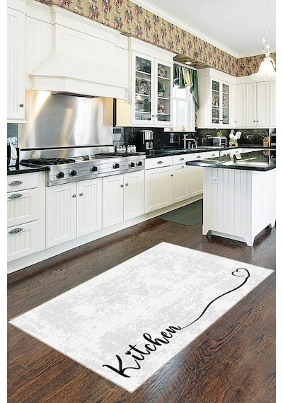 Beyaz Kaymaz Tabanlı Kitchen Yazılı Mutfak Halısı Yolluk Vh087n11