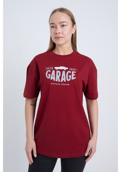 Kadın Oversize Baskılı T-shirt Bordo Garage Bordo
