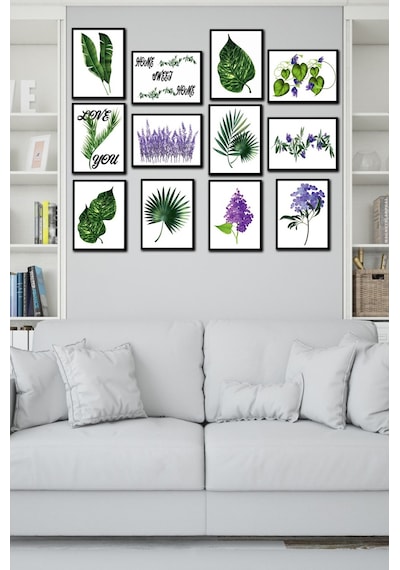 No77decor 12 Parça Yeşil Yaprak Tarzında Tablo Seti