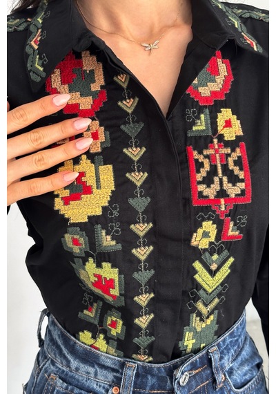 Femelle Kadın Siyah Komple Nakış İşlemeli Vintage Gömlek