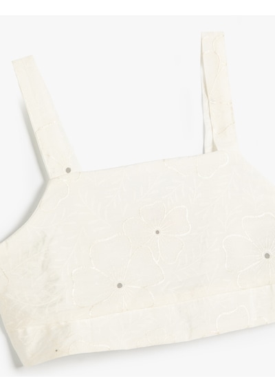 Koton Crop Bluz Çiçek Dokulu Kare Yaka Ekru Desenli 4skg60003ew Ekru