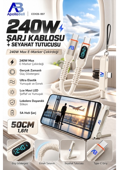 Apollobell Cch26-007 240w Şarj Kablosu + Seyahat Tutucusu